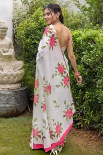 White and pink flower printed linen cotton sarees with un-stitched blouse