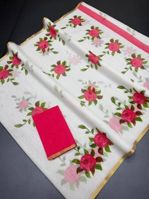 White and pink flower printed linen cotton sarees with un-stitched blouse 4