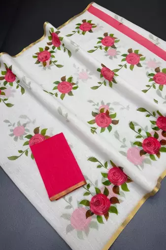 White and pink flower printed linen cotton sarees with un-stitched blouse