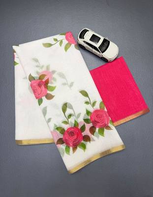 White and pink flower printed linen cotton sarees with un-stitched blouse 5