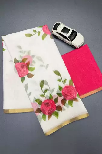 White and pink flower printed linen cotton sarees with un-stitched blouse