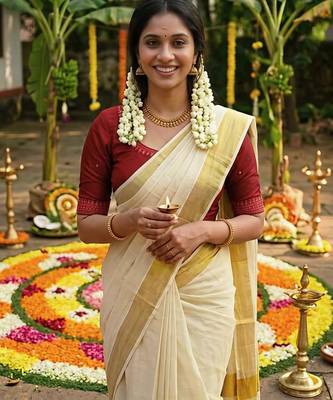 Light chiku linen cotton kerala saree with embroidered blouse 1