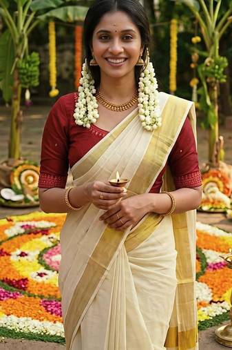 Light chiku linen cotton kerala saree with embroidered blouse