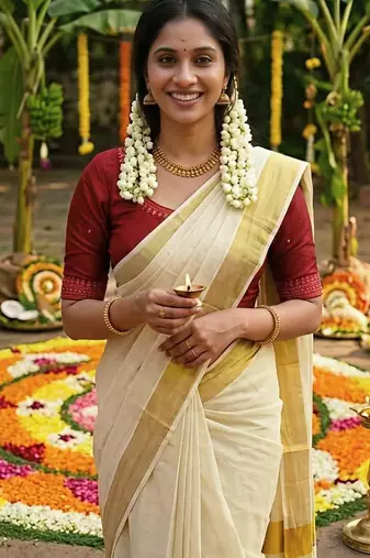 Light chiku linen cotton kerala saree with embroidered blouse