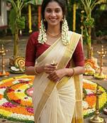 Light chiku linen cotton kerala saree with embroidered blouse