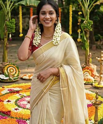 Light chiku linen cotton kerala saree with embroidered blouse 2