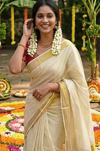 Light chiku linen cotton kerala saree with embroidered blouse
