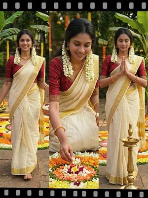 Light chiku linen cotton kerala saree with embroidered blouse 3
