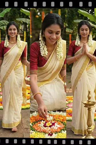 Light chiku linen cotton kerala saree with embroidered blouse