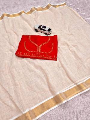 Light chiku linen cotton kerala saree with embroidered blouse 4