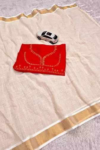 Light chiku linen cotton kerala saree with embroidered blouse