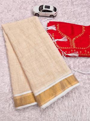 Light chiku linen cotton kerala saree with embroidered blouse 5