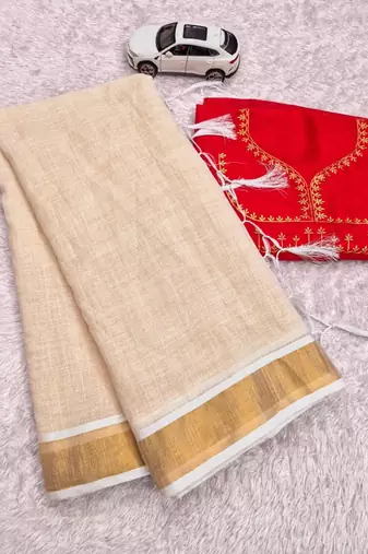Light chiku linen cotton kerala saree with embroidered blouse