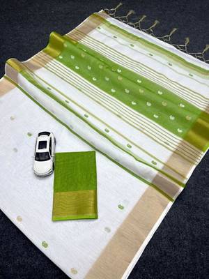 White green linen cotton digital printed saree 2