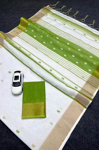 White green linen cotton digital printed saree