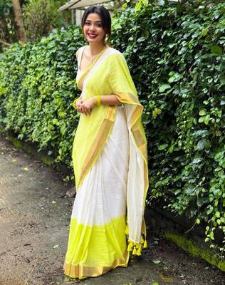 White lemon linen cotton saree with gold zari border 1
