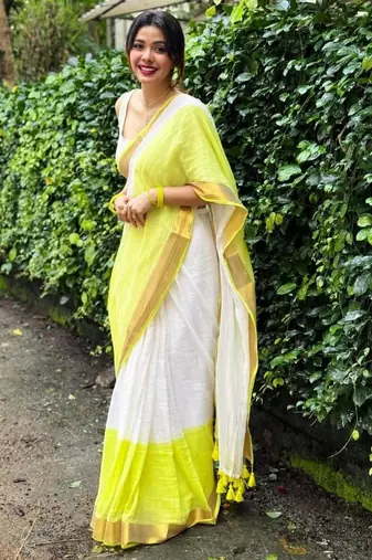 White lemon linen cotton saree with gold zari border