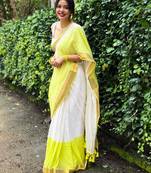White lemon linen cotton saree with gold zari border