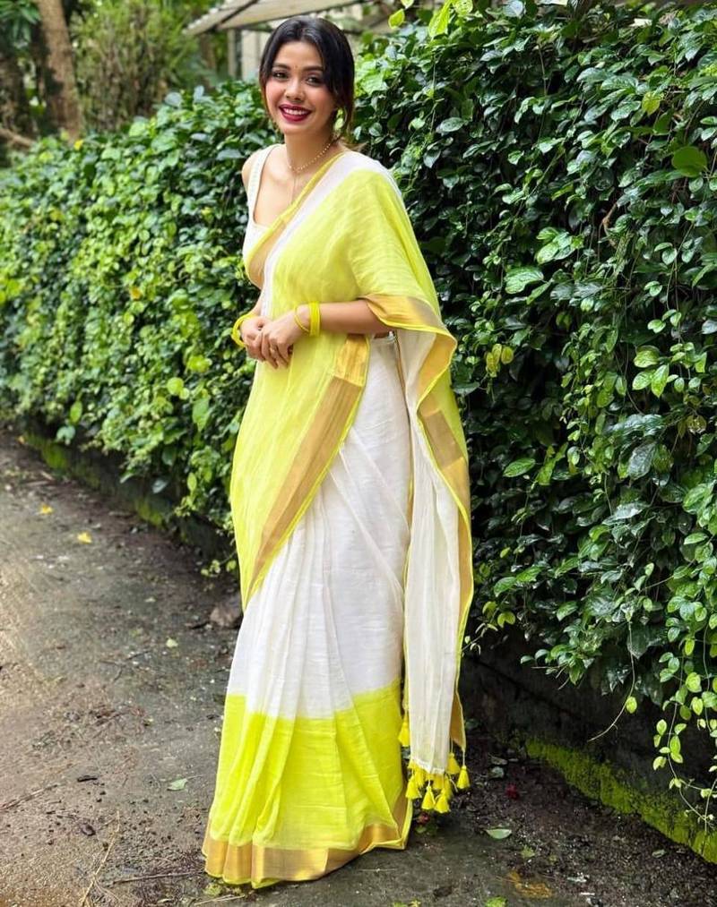 White lemon linen cotton saree with gold zari border