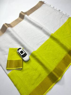 White lemon linen cotton saree with gold zari border 2