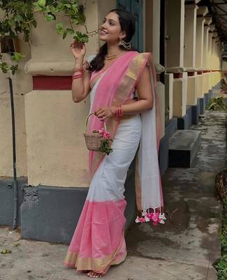 White peach linen cotton kerala kasavu saree with gold zari 1