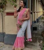 White peach linen cotton kerala kasavu saree with gold zari
