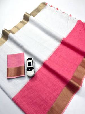 White peach linen cotton kerala kasavu saree with gold zari 3