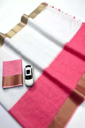 White peach linen cotton kerala kasavu saree with gold zari