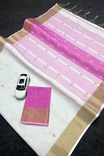 White purple linen cotton kerala kasavu saree with gold zari border