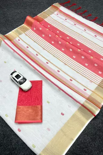 White red digital printed linen cotton saree