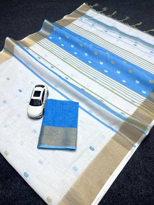 White sky blue digital printed linen cotton saree 2