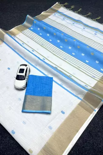 White sky blue digital printed linen cotton saree