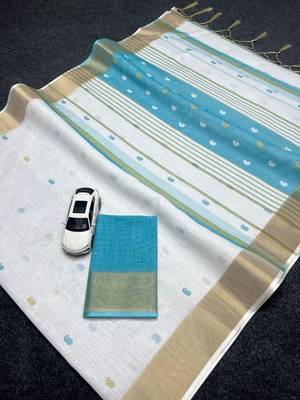 White sky blue digital printed linen cotton saree 3