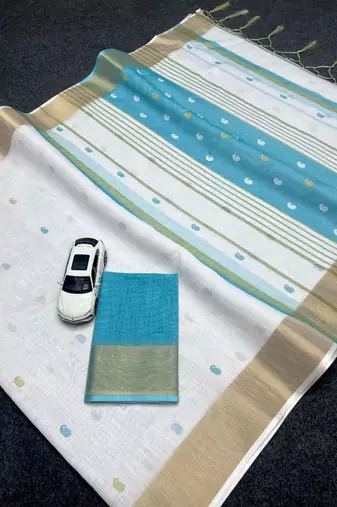 White sky blue digital printed linen cotton saree