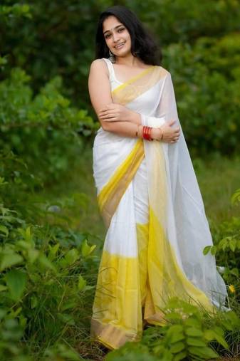White yellow digital printed linen cotton saree