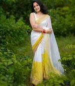 White yellow digital printed linen cotton saree
