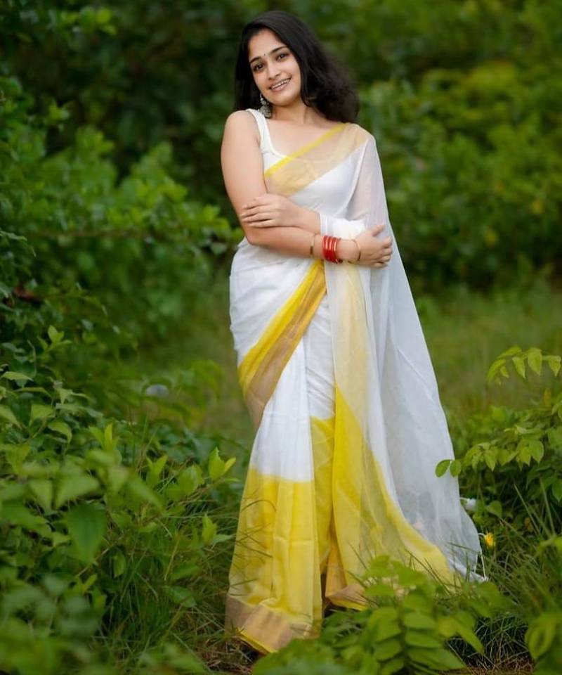 White yellow digital printed linen cotton saree