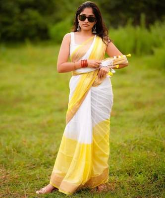 White yellow digital printed linen cotton saree 2