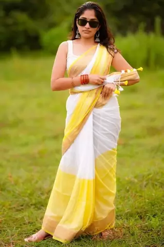 White yellow digital printed linen cotton saree