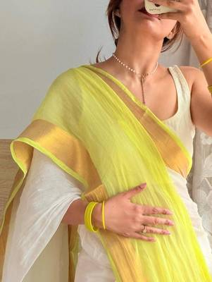 White yellow digital printed linen cotton saree 3