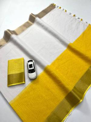 White yellow digital printed linen cotton saree 4