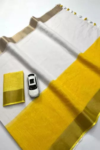 White yellow digital printed linen cotton saree