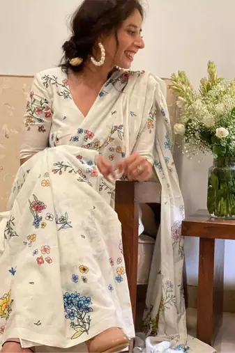 Light chiku floral printed linen cotton saree