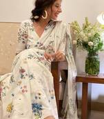 Light chiku floral printed linen cotton saree