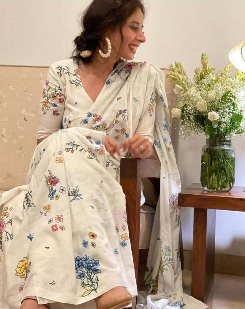 Light chiku floral printed linen cotton saree