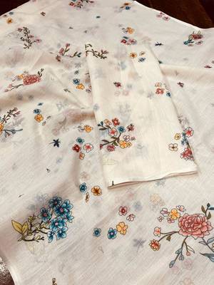 Light chiku floral printed linen cotton saree 3