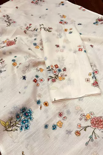 Light chiku floral printed linen cotton saree