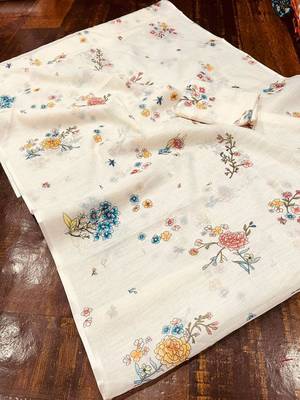 Light chiku floral printed linen cotton saree 4