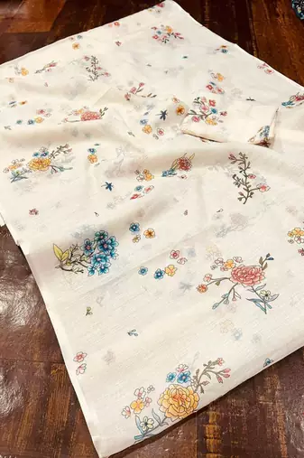 Light chiku floral printed linen cotton saree