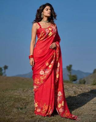 Red floral printed linen cotton saree with unstitched blouse 1